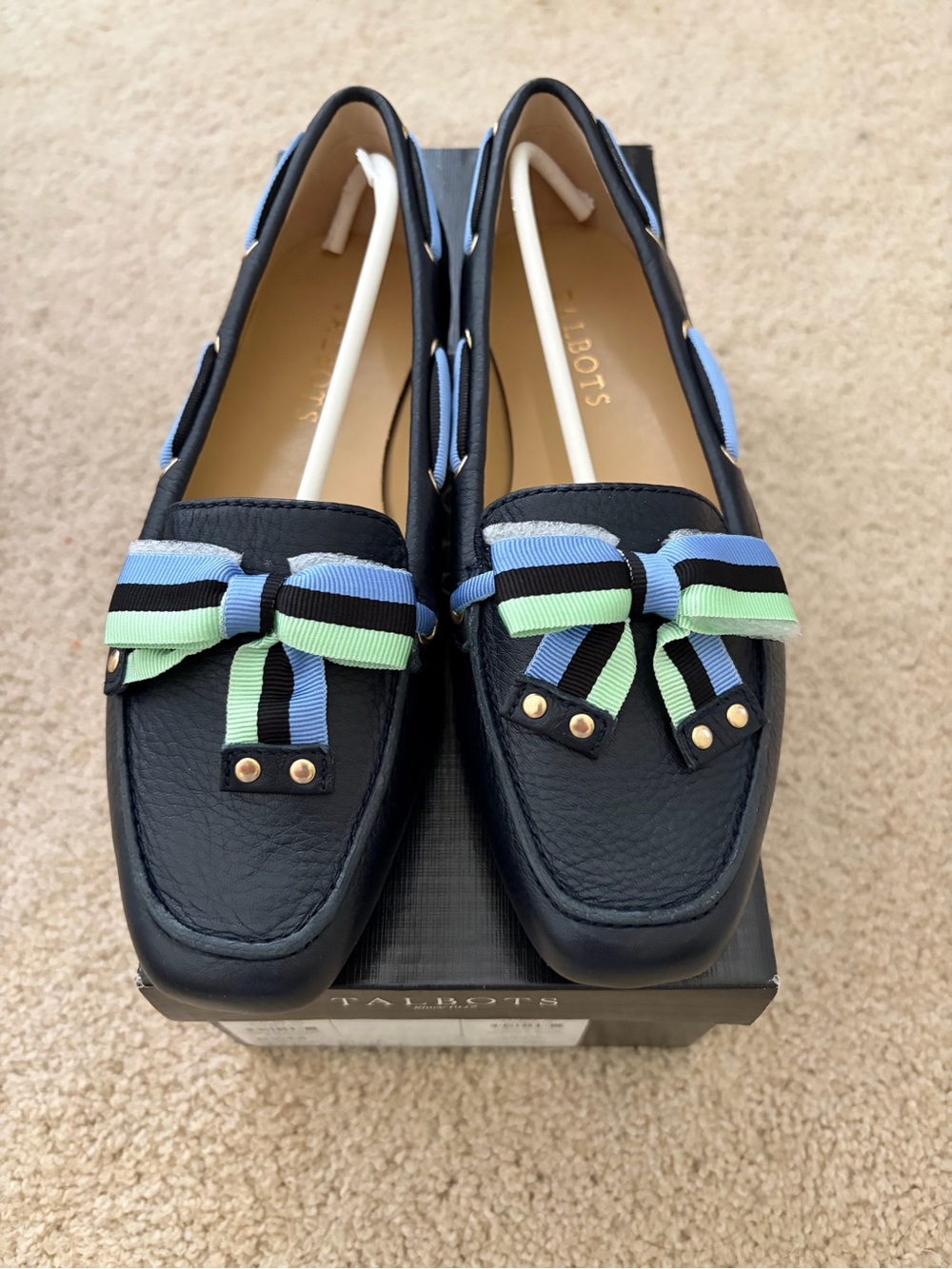 NWT Talbots Navy Leather Loafers with Blue & Green Bow Accents